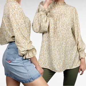 JODIFL | Cream Ditsy Yellow Florals Bohemian Ruffled Relaxed Fit Tunic Shirt